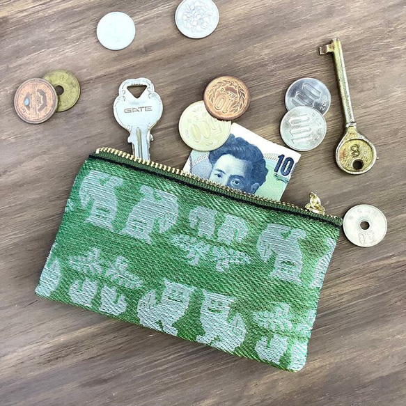 畳縁　硬幣錢包　名片夾　日式　獅子　沖繩　綠色的 第3張的照片
