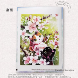 猫×花と楽器の絵柄クリアファイルA5/ イラスト：下島みちこ・ヴァイオリン・猫・花・笛・桜・可愛い 2枚目の画像