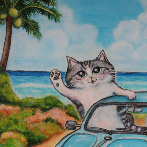 絵画。原画【旅行で休暇中、水泳に行く予定の猫ちゃん】 絵画