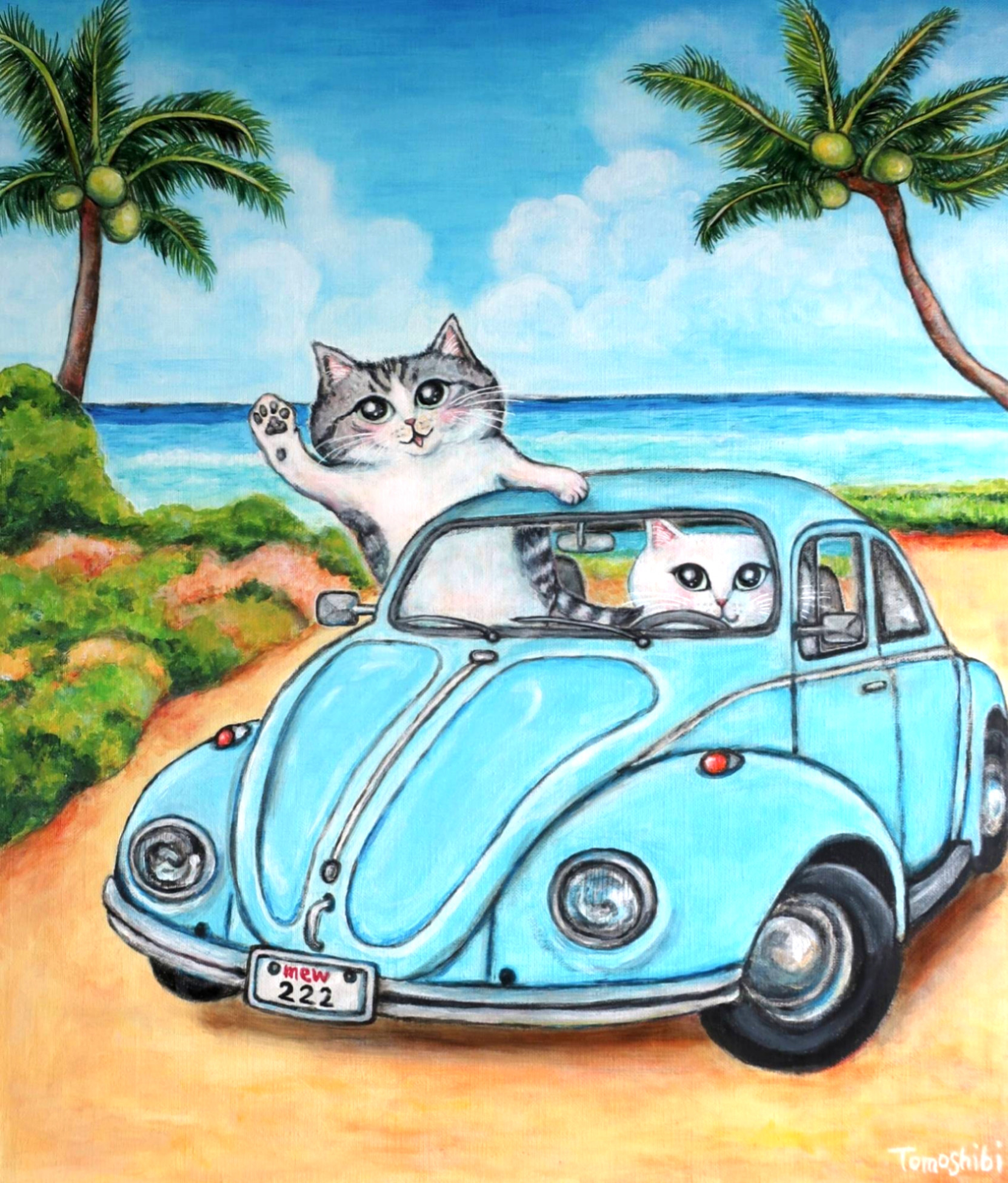 絵画。原画【旅行で休暇中、水泳に行く予定の猫ちゃん】