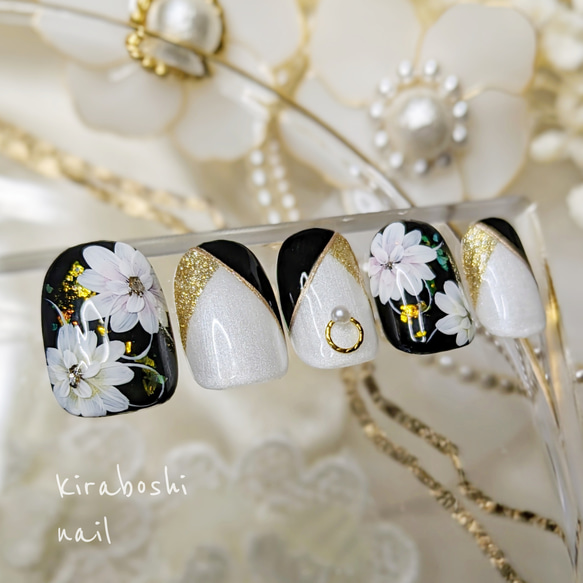 王道フラワー×ブラック和装変形フレンチネイル♡黒留袖・白無垢・色打