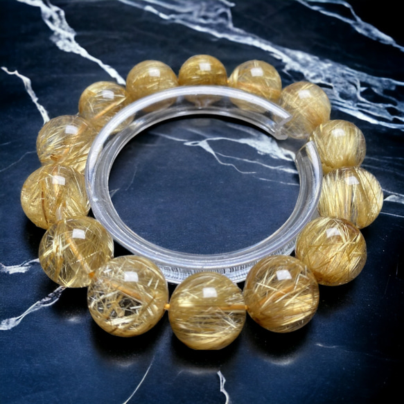超品質】ゴールドタイチンルチルクォーツ 15～16mm ブレスレット 陰陽 