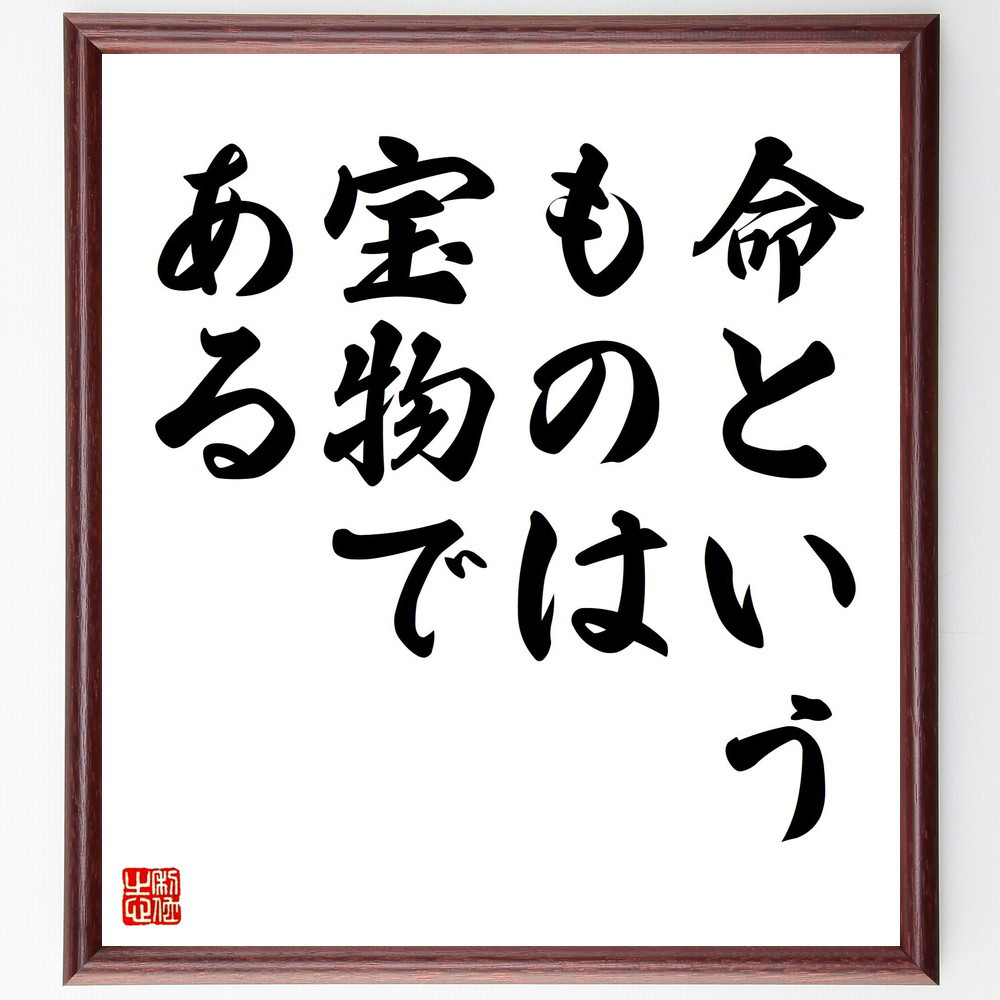 名言「命というものは、宝物である」手書き書道色紙額／受注後の毛筆直筆（V4363）