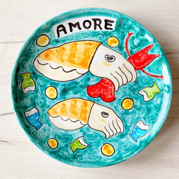 絵皿20cm CRC022 マヨリカ焼き イタリア陶器 コウイカ 中皿