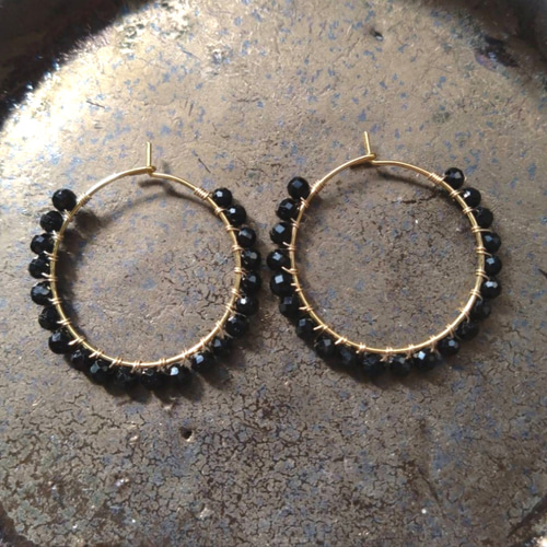 天然石ブラックトルマリンのフープピアス ピアス（フープ） minamirin 