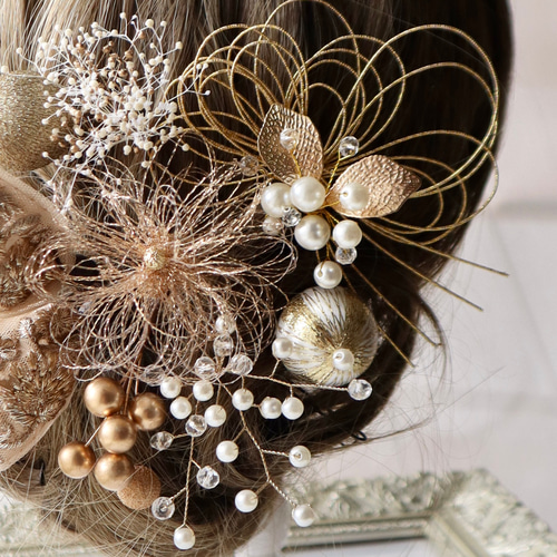 ゴールド系 結婚式、成人式髪飾り◇メタル、パール系◇水引、リーフや