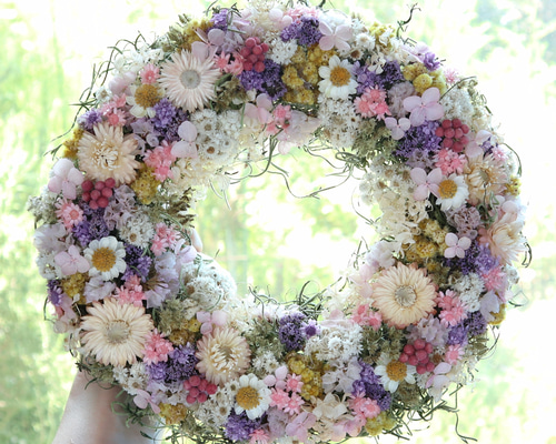 22cm)淡い小花のお花畑リース/ドライフラワー/パステルカラー