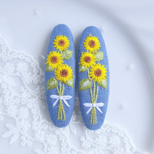 大人可愛い ひまわりの花束 刺繍パッチンピン 向日葵ヘアピン ヘアピン 