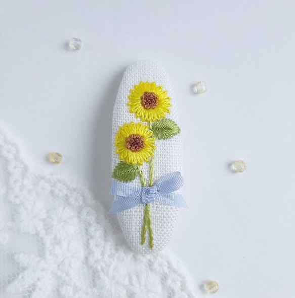 ひまわりの花束 刺繍パッチンピン キッズパッチンピン  向日葵ヘアピン 2枚目の画像