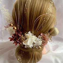 ドライフラワー髪飾り　gold×pink ヘッドドレス  金箔ヘア　水引　和装髪飾り　和玉　卒業式　成人式　前撮り 3枚目の画像