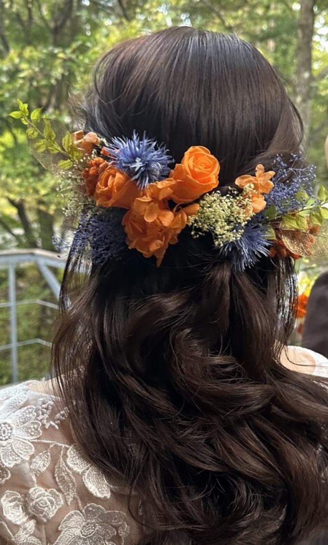 ヘッドパーツ 髪飾り オレンジ×グリーン×パープル 差し色ブルー ヘッドパーツ 髪飾り オレンジ×グリーン×パープル 差し色ブルー