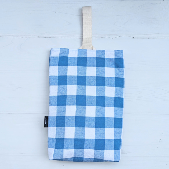 ギンガムチェック　シューズ入れ　ハンドメイド セール！ギンガムチェックのシューズバッグ〜青〜 上履き袋 ぬの
