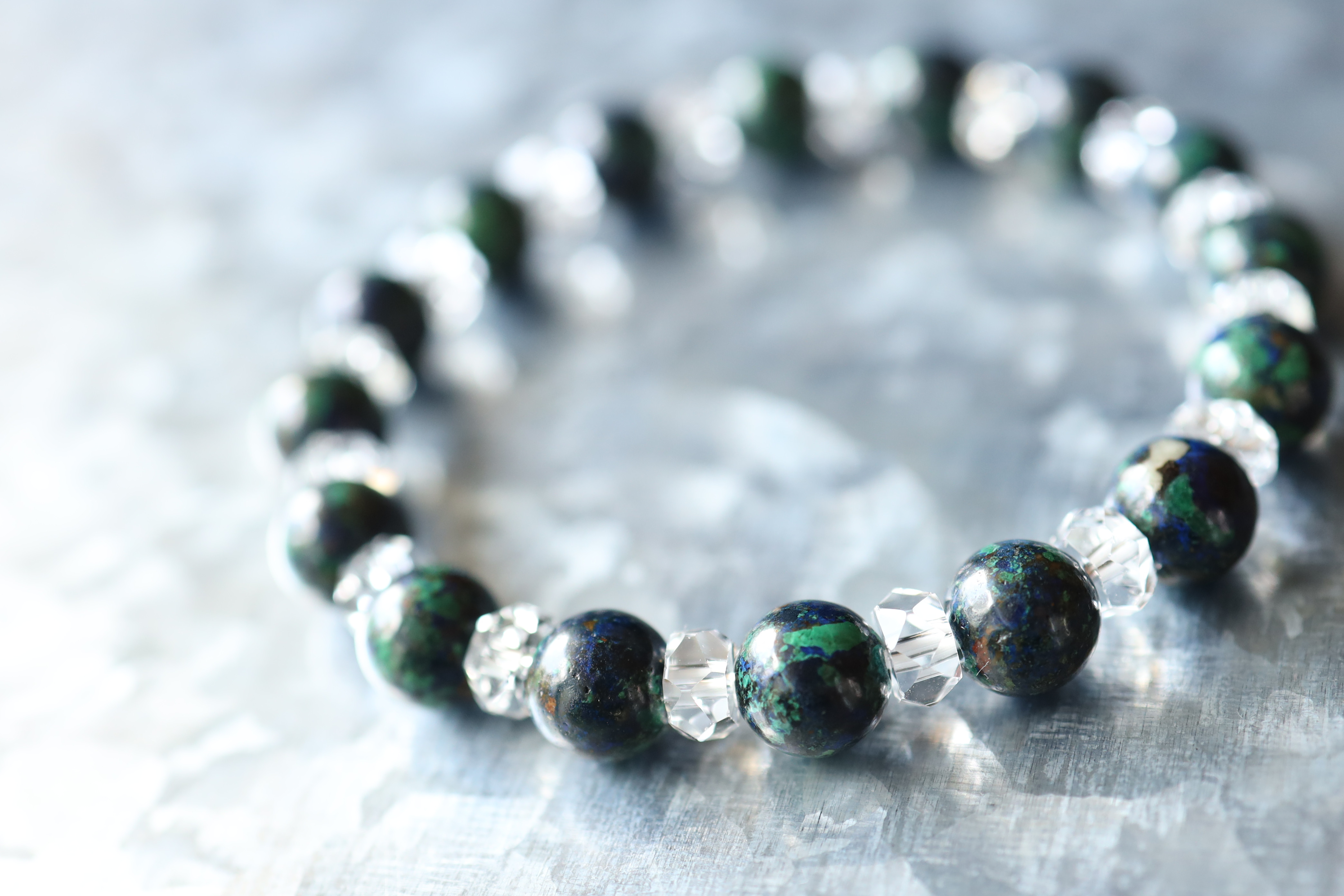 …☆希少石☆…☆アズライト（アジュマラカイト）：8ミリ＆水晶☆…☆天然石ブレスレット☆…