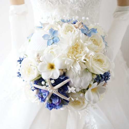 美品 海テーマブルーブーケとブートニアセット