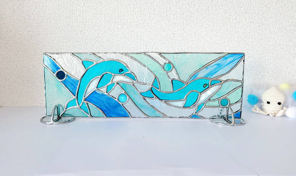 ステンドグラス パネル 立て掛け 「イルカのカップル ☆海の
