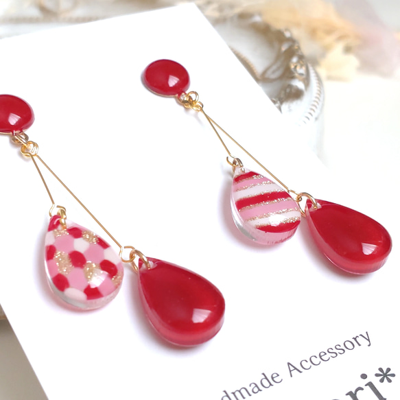組み合わせ選べる 揺れる雫ピアス・イヤリング✾レッド】 ピアス