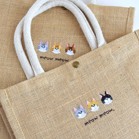 選べる６柄！ねこ刺繍のジュートバッグ お散歩バッグ エコバッグ 2way 16枚目の画像