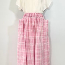リネン100　ピンク×白　チェック　スカート　85ｃｍ丈　ゴムウエスト　フリーサイズ 6枚目の画像
