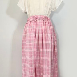 リネン100　ピンク×白　チェック　スカート　85ｃｍ丈　ゴムウエスト　フリーサイズ 4枚目の画像