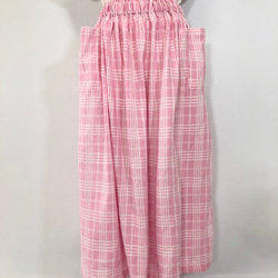 リネン100　ピンク×白　チェック　スカート　85ｃｍ丈　ゴムウエスト　フリーサイズ 7枚目の画像