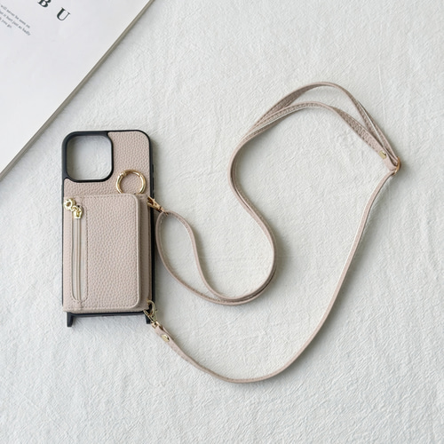 【 iPhone17用】スマホケース&カード収納ストラップ　ベージュ　磁気 小銭入れ iPhone17 16 15 14 13 ケース スマホショルダー リング
