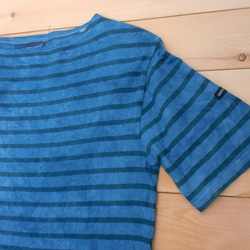 藍染め×セントジェームス　バスクシャツ　ボートネックTシャツ　ムラ染めボーダーTシャツ　古着リメイク 3枚目の画像