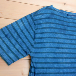 藍染め×セントジェームス　バスクシャツ　ボートネックTシャツ　ムラ染めボーダーTシャツ　古着リメイク 2枚目の画像