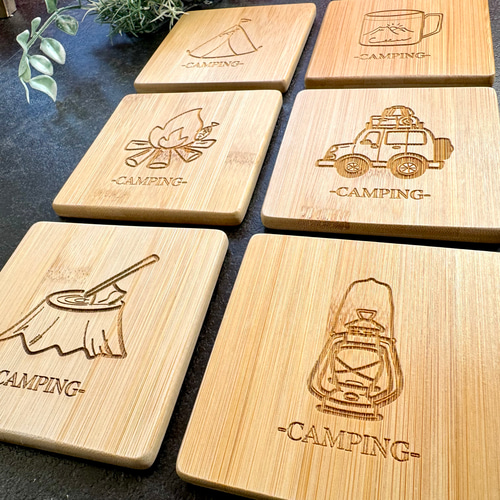 キャンプイラストの竹製コースター 席札 レーザー彫刻 コースター