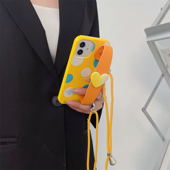 スマホショルダー 多機種対応 オレンジのハート ハスマホケース ストラップ iphoneケース 携帯ショルダー 斜め掛け 5枚目の画像