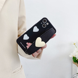 スマホショルダー 多機種対応 黒 白い心 スマホケース ストラップ付け  iphoneケース huaweiケース 6枚目の画像