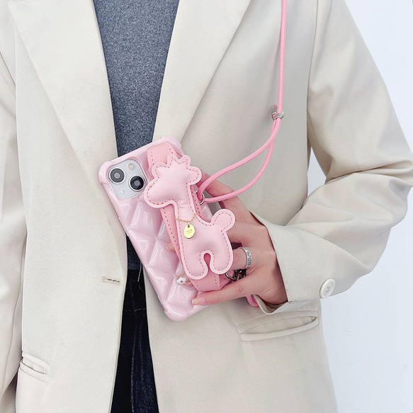 スマホショルダー 多機種対応 ピンクのキリン スマホケース ストラップ付け  iphoneケース huaweiケース 8枚目の画像