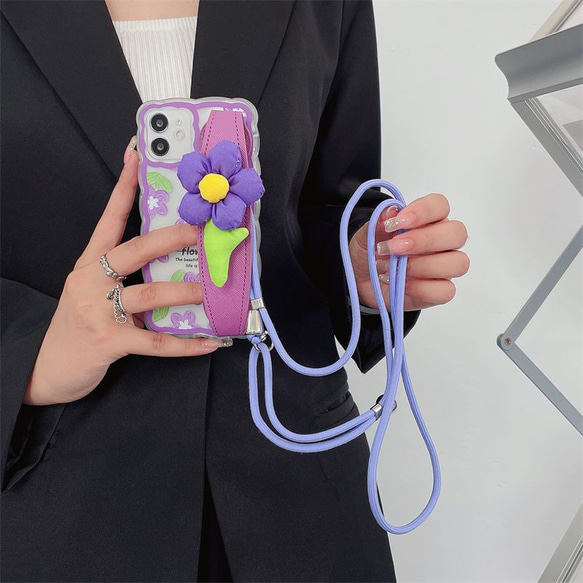 スマホショルダー 多機種対応 紫の花i スマホケース ストラップ付け  iphoneケース huaweiケース 3枚目の画像