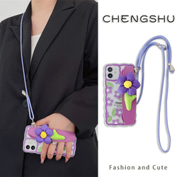 スマホショルダー 多機種対応 紫の花i スマホケース ストラップ付け  iphoneケース huaweiケース 1枚目の画像
