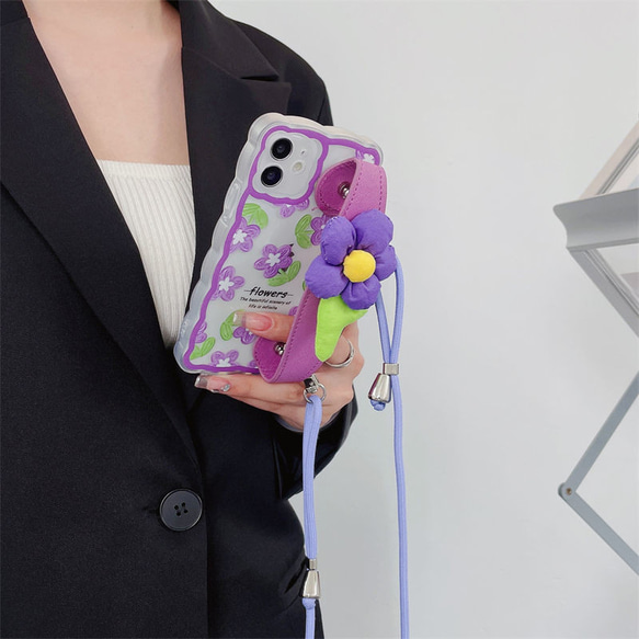 スマホショルダー 多機種対応 紫の花i スマホケース ストラップ付け  iphoneケース huaweiケース 6枚目の画像
