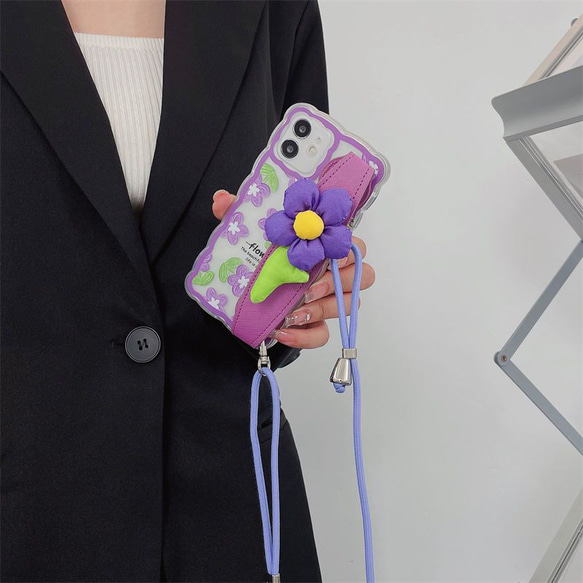 スマホショルダー 多機種対応 紫の花i スマホケース ストラップ付け  iphoneケース huaweiケース 4枚目の画像