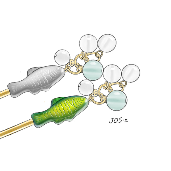 メダカと天然石のかんざし 髪飾り ヘアアクセサリー 簪 金魚 夏祭り 3枚目の画像