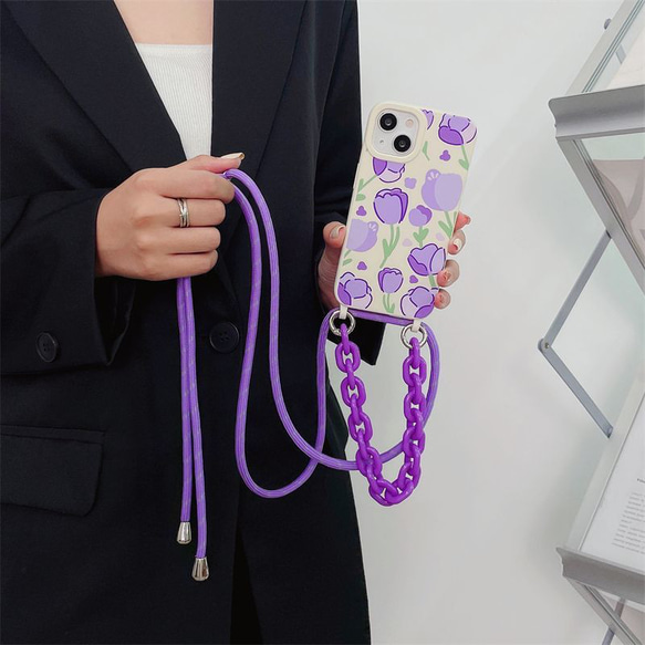 スマホショルダー 多機種対応 紫の花 スマホケース ストラップ付け  iphoneケース huaweiケース 6枚目の画像