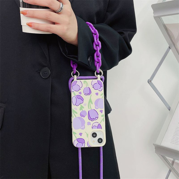 スマホショルダー 多機種対応 紫の花 スマホケース ストラップ付け  iphoneケース huaweiケース 7枚目の画像