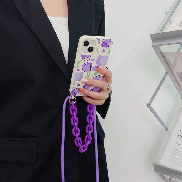 スマホショルダー 多機種対応 紫の花 スマホケース ストラップ付け  iphoneケース huaweiケース 5枚目の画像