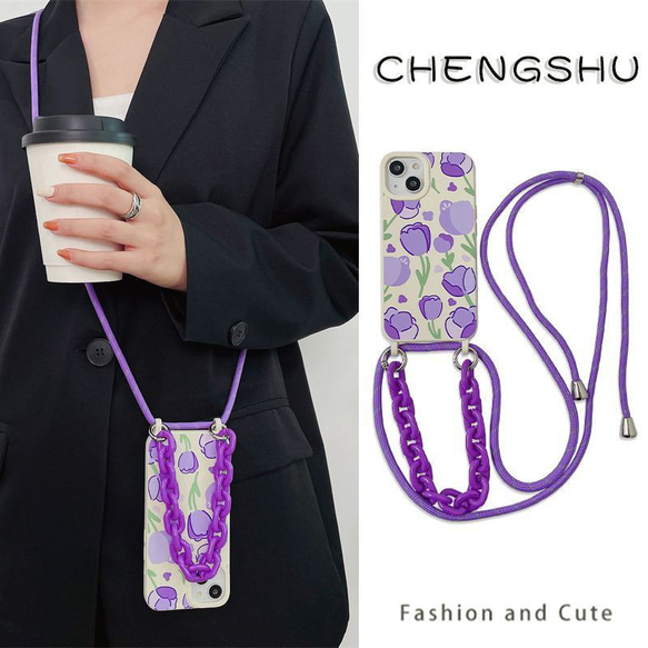 スマホショルダー 多機種対応 紫の花 スマホケース ストラップ付け  iphoneケース huaweiケース 1枚目の画像