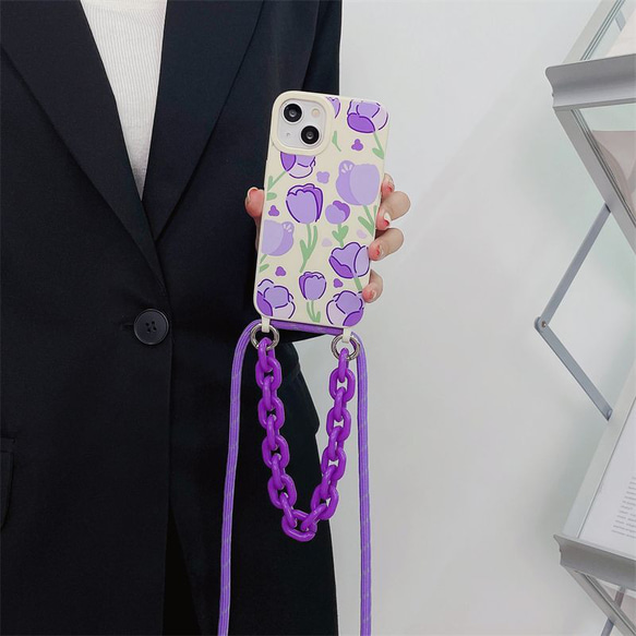 スマホショルダー 多機種対応 紫の花 スマホケース ストラップ付け  iphoneケース huaweiケース 3枚目の画像