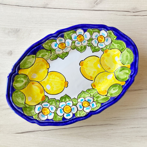 オーバル皿 25.5cm OVL044 マヨリカ焼き イタリア陶器 レモン柄　夏色 2枚目の画像