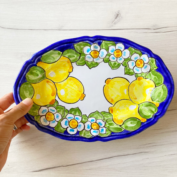 オーバル皿 25.5cm OVL044 マヨリカ焼き イタリア陶器 レモン柄　夏色 3枚目の画像