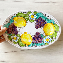 オーバル皿 25.5cm OVL045 マヨリカ焼き イタリア陶器 ブドウとレモン 2枚目の画像