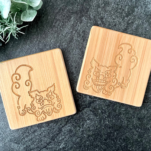 シーサーの竹製コースター 席札 レーザー彫刻 コースター Bamboo Fam