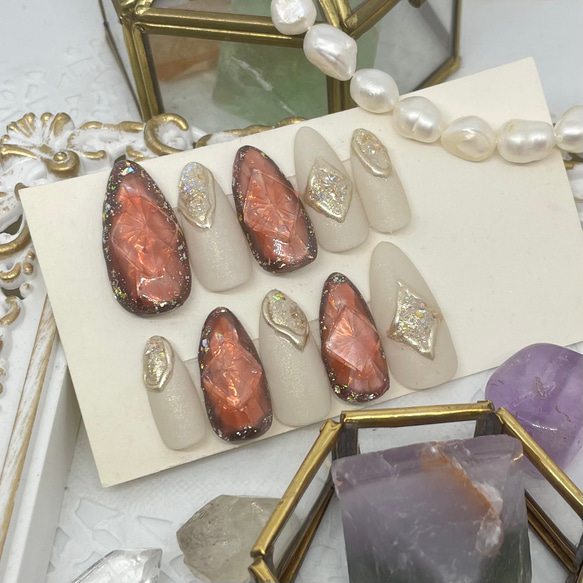 サイズオーダー♡ダイヤモンドカット風ネイルチップ オレンジ size  