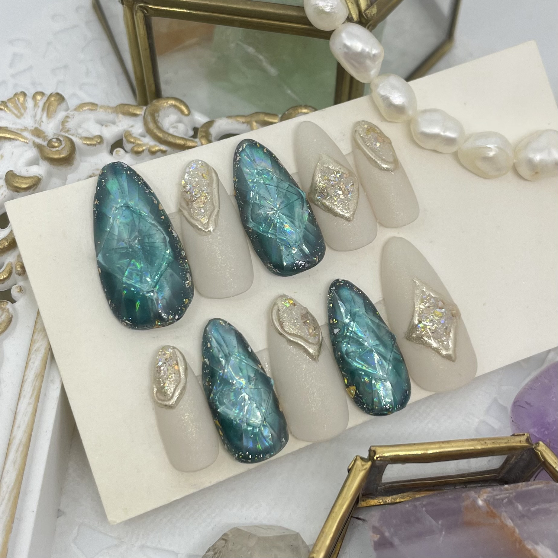 サイズオーダー♡ダイヤモンドカット風ネイルチップ グリーン size  