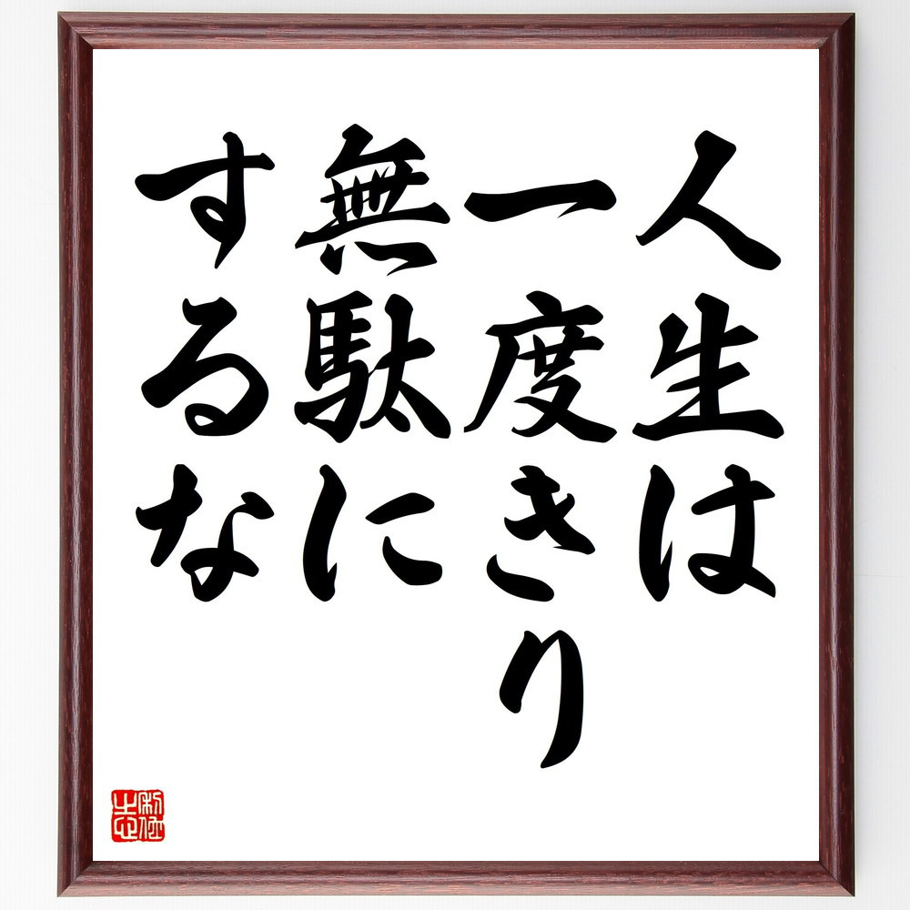名言「人生は一度きり、無駄にするな」手書き書道色紙額／受注後の毛筆直筆（V4402）