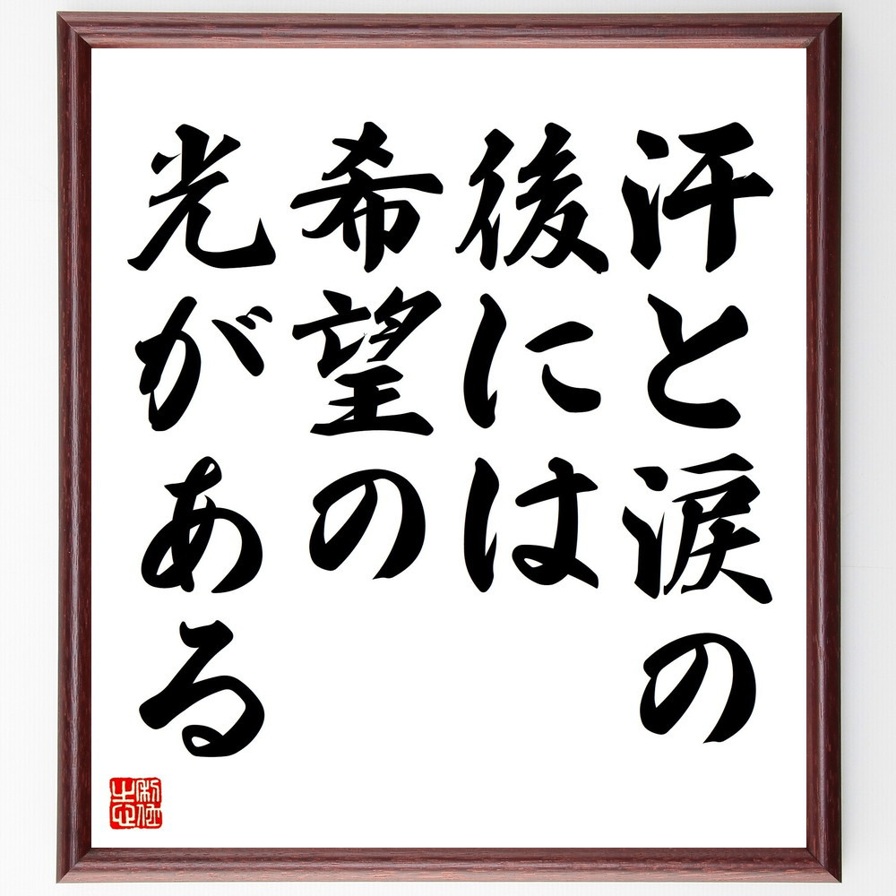名言「汗と涙の後には、希望の光がある」手書き書道色紙額／受注後の毛筆直筆（V4404）