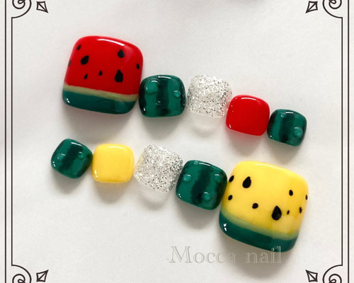 156】スイカ ぷっくり水滴 フルーツ フットネイルチップ ネイルチップ